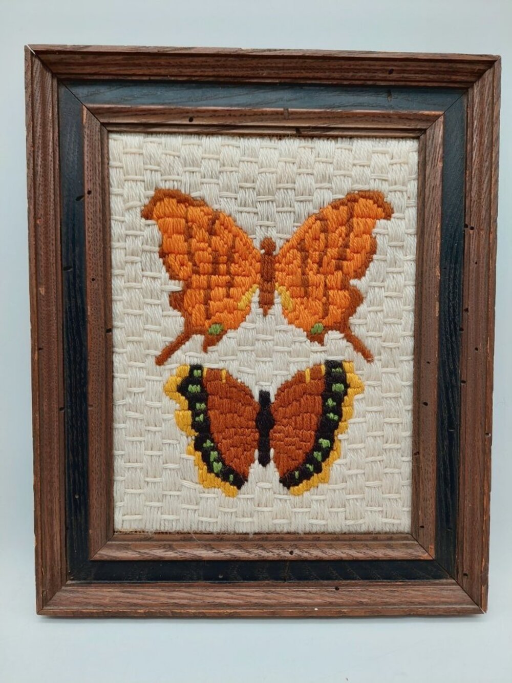 Butterfly Needlepoint Wall Art Framed Crewel Embroidery 14x11 Vintage
